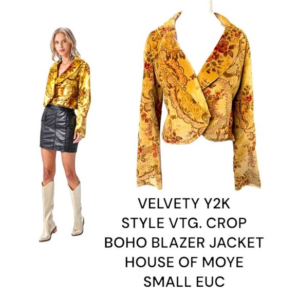VELVET BOHO FLORAL Y2K AESTHETIC HOUSE OF MOYE CROP JACKET SMALL EUC - Picture 1 of 5